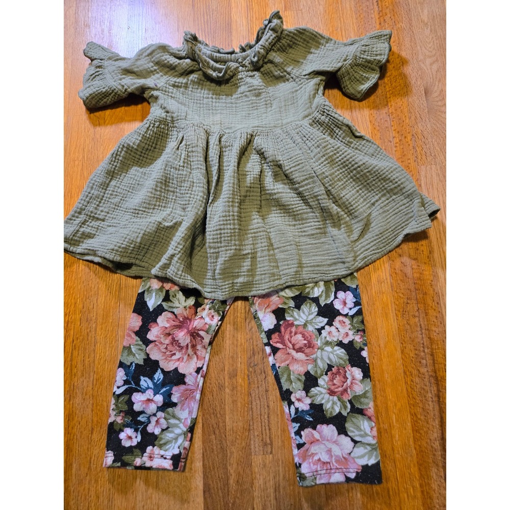 Bonnie Jean Girl 2T Olive Ruffle Flared Hem BOHO Gauze Top Floral Legging Outfit